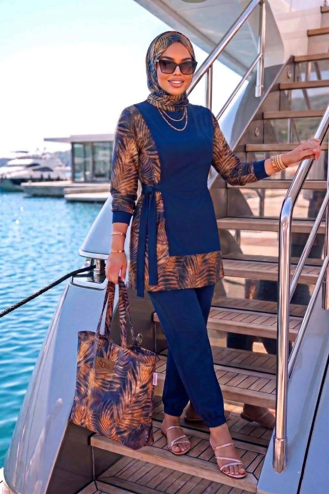 بوركيني السباحة المنقط شيك مفاجأة 3 قطع بكدج بوريكيني وشنطة و بونيه البحرنفس النقشة واتر بروف تحفة — صورة 2