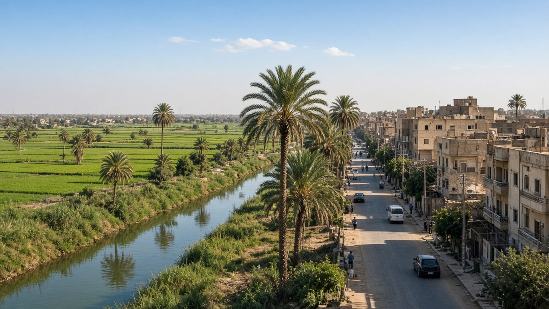 الحامول من الأعلى: ترعة وحقول زراعية على جانب، وشارع المدينة ومبانيها على الجانب الآخر