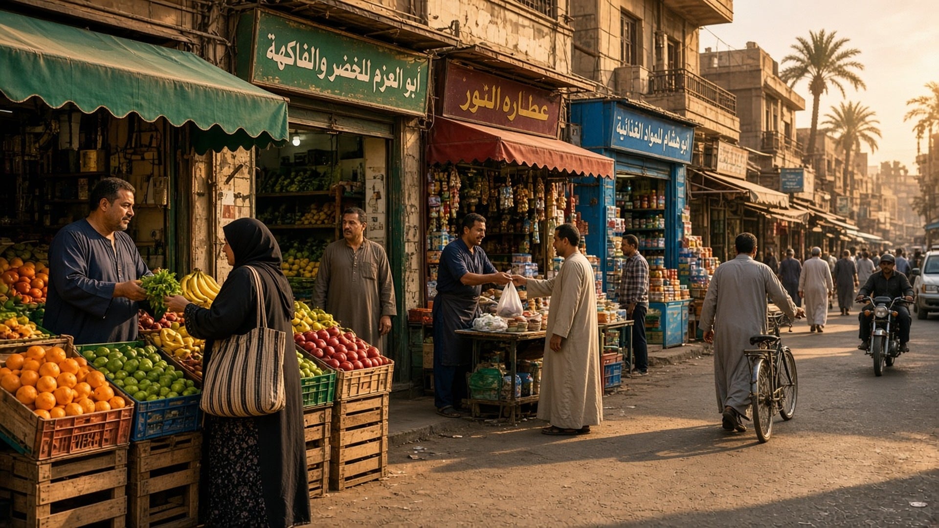 سوق في شارع من شوارع الحامول: باعة خضار وفاكهة ومحلات وناس في طريقهم